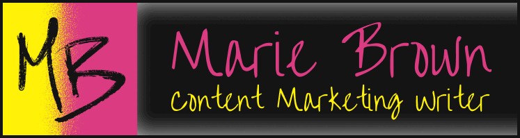 Logo banner with the initials ‘MB’ on a pink and yellow background beside the name ‘Marie Brown’ in pink script and the tagline ‘Content Marketing Writer’ in yellow handwriting on a black background.